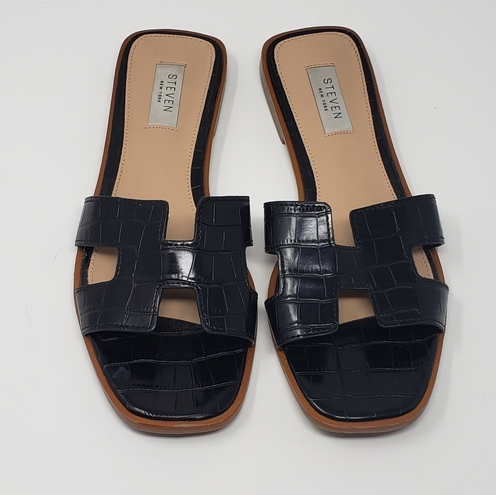 Steven New York Harlien Croc Embossed Black Slide Sandals Size 8
